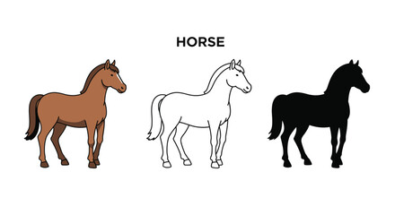 Horse illustration in different styles colored outline and silhouette on white
