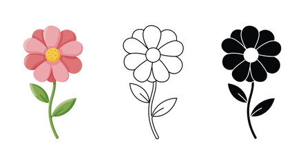 Daisy flower illustration in color outline and silhouette styles on white background