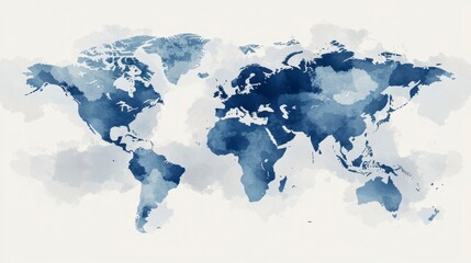 Watercolor world map in shades of blue, showing continents and oceans.