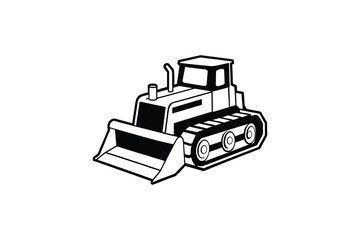 Heavy Bulldozer Construction Vehicle with Tracks and Blade Front View in Black and White Silhouette Style Isolated on White Background silhouette