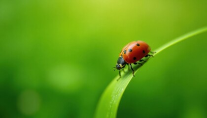 Fototapeta premium A vibrant ladybug rests gracefully on a blade of grass, with a soft, blurred green backdrop.