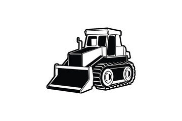 Detailed Bulldozer Illustration Featuring a Front Blade and Track Wheels Rendered in a Striking Black and White Silhouette