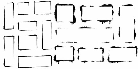 Obraz premium Grunge border frame set, grunge rectangles and circles shapes with spray of splashes and streaks of paint Airbrush ink dot banner. Grunge background. Vector isolated illustration. 