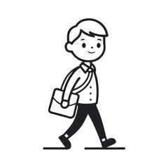 Editable Line Art of School Boy Walking With Stylish Bag