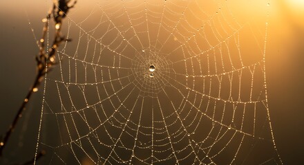 Obraz premium Delicate Spiderweb Covered in Dew Drops at Golden Hour