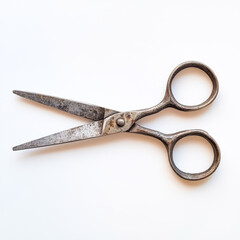 Vintage metal scissors with open blades and rusty patina on a white background
