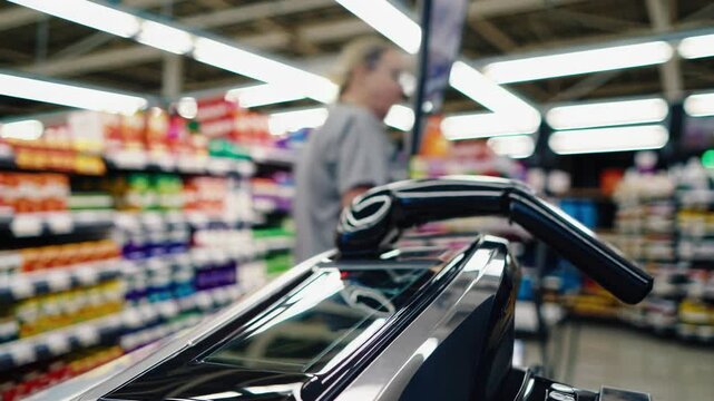 Modern supermarket customers using a smart shopping cart with integrated scanner and card reader for self checkout, enhancing shopping experience and efficiency