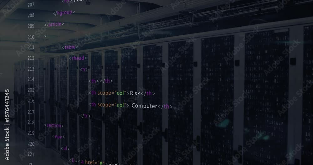 Poster animation starting html code overlay scrolling over server racks showing threat monitoring menu