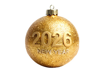 A glittering gold christmas ornament with the numbers 2026 and the words new year, isolated on...