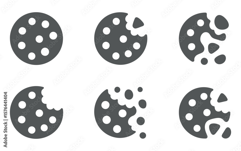 Poster seamless pattern of gray cookie icons on a white background some cookies have bites taken out of the