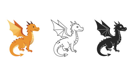 Cartoon Dragon Illustration Set Color Outline and Silhouette Versions on White Background