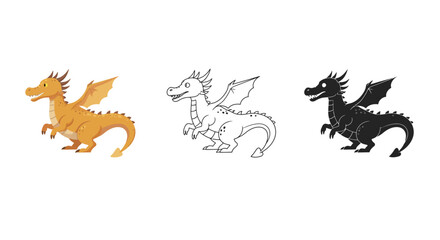 Cartoon Dragon Character in Color Line Art and Silhouette Style Variations