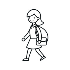 Editable Line Art of School Girl Walking With Bag