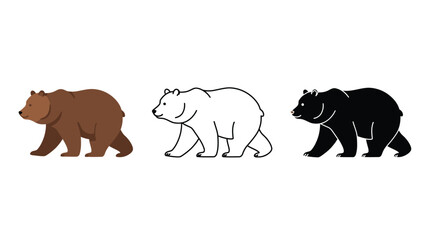 Three bear illustration in brown black and white walking on a white background