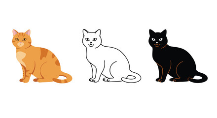 Three cats in different colors orange white and black sitting on white background