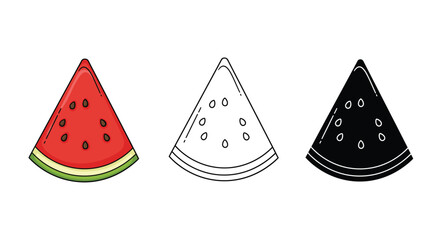 Watermelon Slice Illustration in Color Outline and Silhouette Style on White