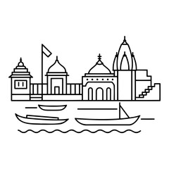 Scenic illustration of Varanasi architecture, tranquil mood, riverside temples and boat