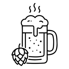 Fresh beer in a frothy mug, inviting mood, with a hop cone, line illustration