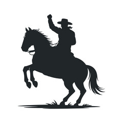 Silhouette of Cowboy Riding a Rearing Horse with Fist Raised in Victory Western Symbolism and Equestrian Spirit Isolated on White