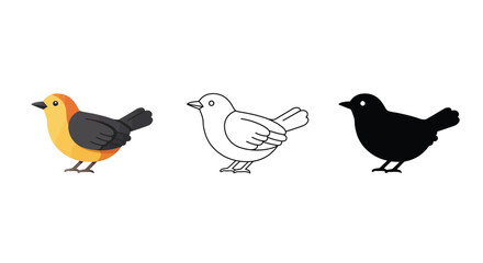 Three stylized bird icons colored outline and silhouette on a white background
