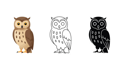 Owl Illustration in Color Outline and Silhouette Isolated on White Background