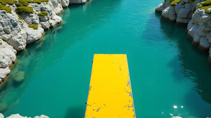 Inspiring Vibrant Yellow Diving Board Over Turquoise Water Canyon Adventure