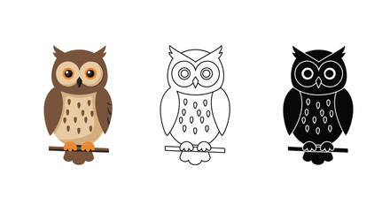 Owl illustration in color outline and silhouette on a white background