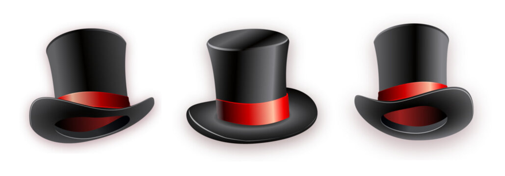 Black cylinder hat with red ribbon. Magic hat.