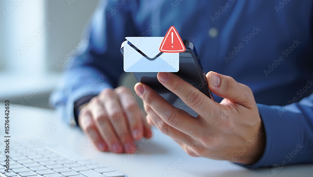 Poster a person holding a smartphone with an email icon and a warning symbol symbolizing an important alert