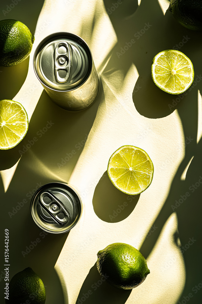 Poster can of soda is on a table with a lime and a lime slice
