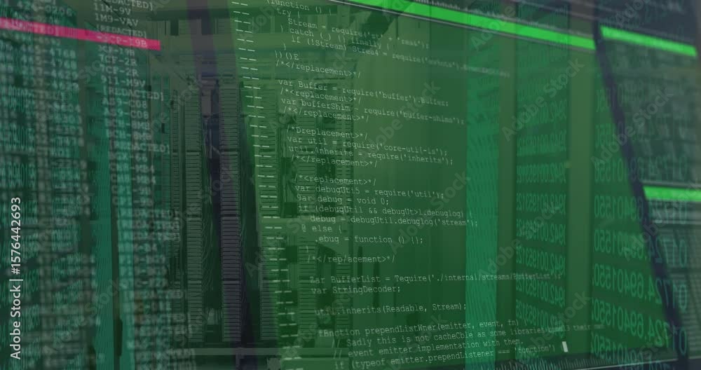 Poster camera entering server aisle causing code overlay emerging, expanding while visualizing data flow