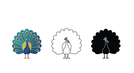 Peacock Bird Icon Set Color Outline Silhouette