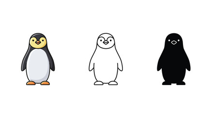 Naklejka premium Cute Penguin Cartoon Illustration with Line Art and Silhouette Versions