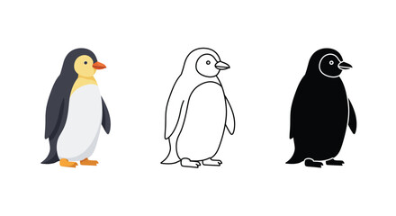 Penguin Illustration Set Color Outline and Silhouette for Creative Projects
