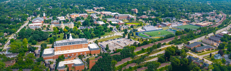 Aerial wide panoramic view of Wheaton, Illinois, USA
