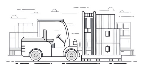 Forklift Truck Line Art in Warehouse – Vector Stroke Style Isolated Illustration

