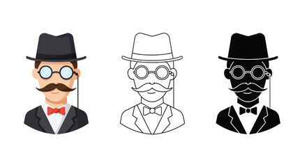 Cartoon illustration of a man with a mustache hat and glasses