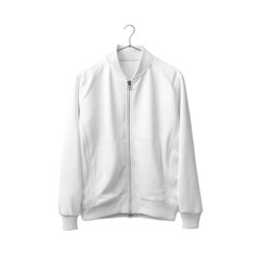 White jacket with a zipper hanging on a hanger
