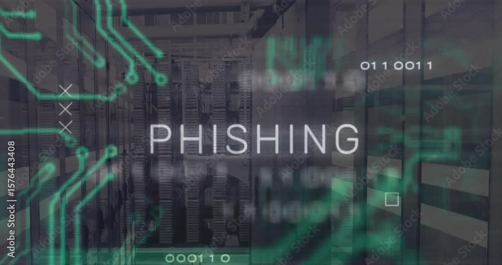 Poster on corridor dimming 3d circuits emerging on server racks illuminating phishing text warning