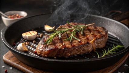 Grilled Steak with Rosemary and Garlic Juicy Beef on Cast Iron Pan