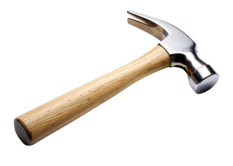 A sturdy claw hammer with a polished metal head and a smooth wooden handle, isolated on transparent background
