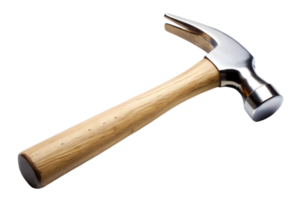 A sturdy claw hammer with a polished metal head and a smooth wooden handle, isolated on transparent background