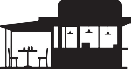 Obraz premium Outdoor cafe stall with tables chairs and hanging lamps silhouette