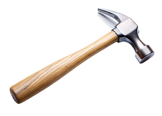 A classic claw hammer featuring a metallic head and a natural wood handle, presented on a transparent background