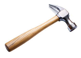 A classic claw hammer featuring a metallic head and a natural wood handle, presented on a transparent background