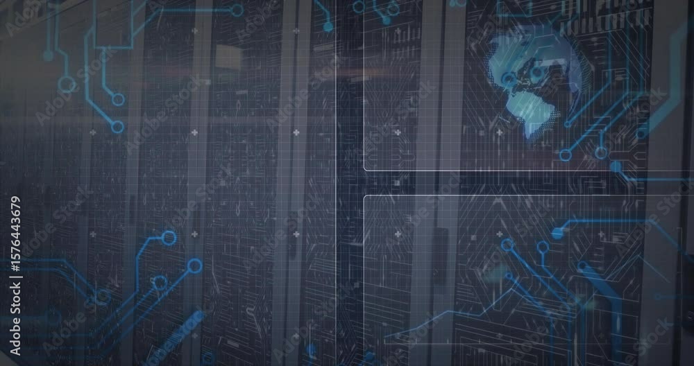Poster starting code overlay server racks drawing blue circuits while globe pulsing mapping network