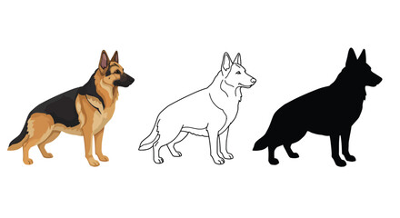 German Shepherd Dog Illustration Set Colored Outline and Silhouette Versions