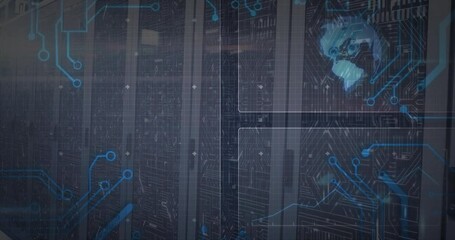 Starting code overlay server racks drawing blue circuits while globe pulsing mapping network - Powered by Adobe