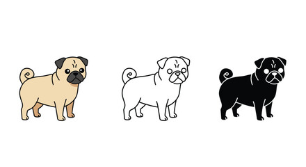 Cute Pug Dog Cartoon Illustration Set in Color Outline and Silhouette