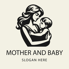 Black and white flat vector logo of a young smiling mother holding a baby in her arms. Simple clean silhouette design.